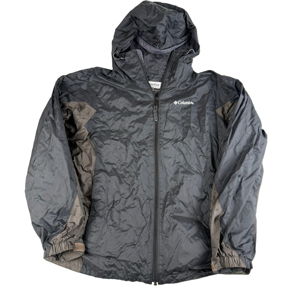Columbia Waterproof Jacket Mens L Black Gray Hooded Rain Windbreaker Nylon